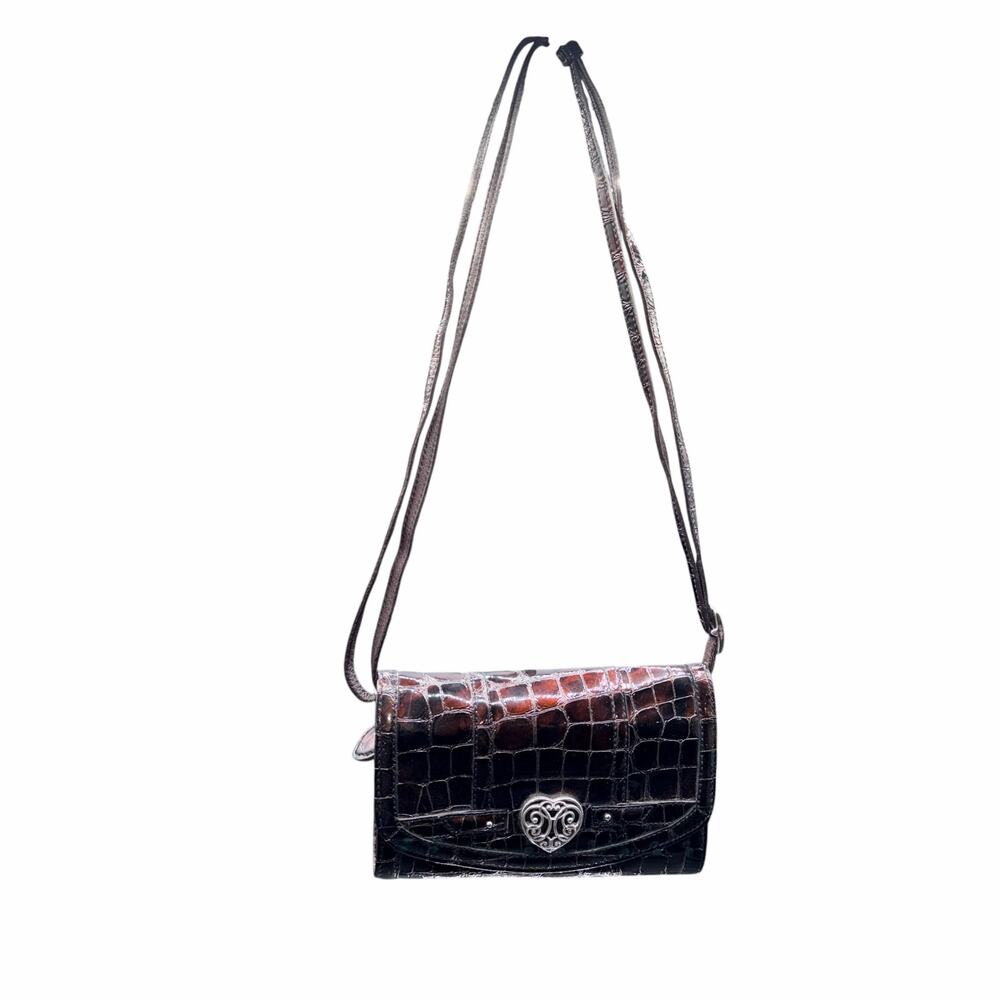 Brighton Croc Embossed Brown Leather Wallet Crossbody Heart Clasp